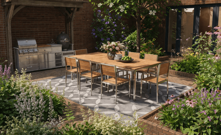 Tuin met houten eettafel, stoelen en barbecue, omgeven door bloemen en planten.