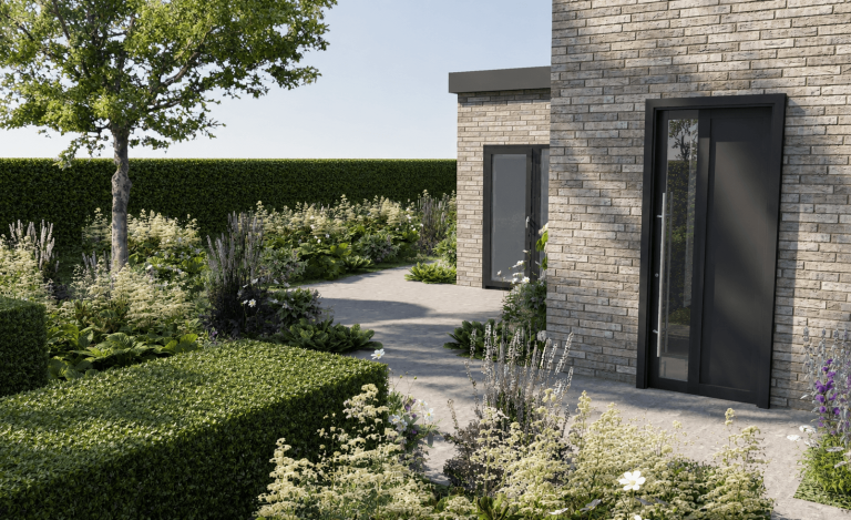 Moderne voortuin met gebakken stenen en groene hagen rond een huis, met een wandelpad.