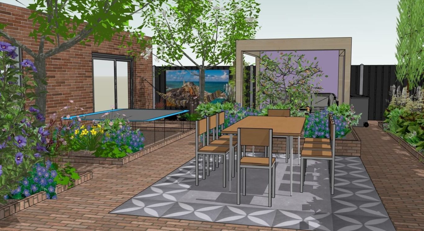 3D impressie van een tuin Moderne tuin met een eettafel, overkapping, trampoline, bloemen en groen.