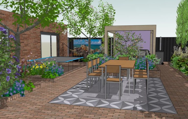 Gezinstuin 3D impressie Moderne tuin met eetset, bloemen, en schaduwrijke plekken onder bomen.