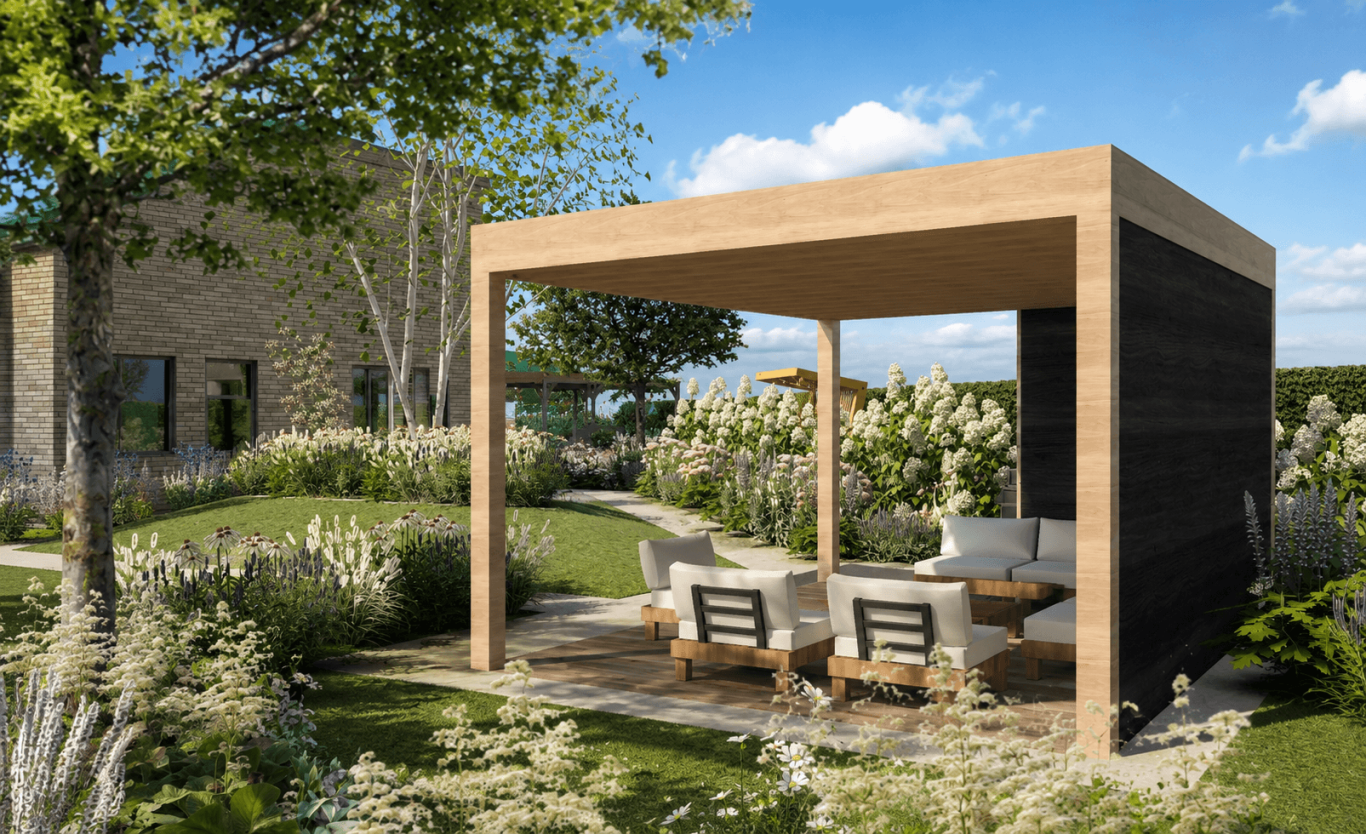 Moderne overdekte zithoek in een groene tuin met bloemen en struiken.