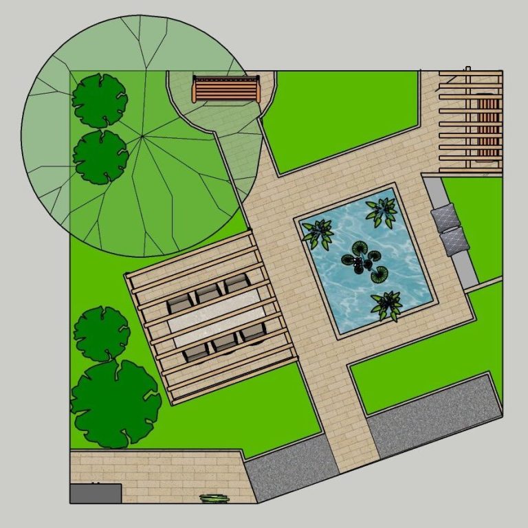 Tuinontwerp met zitgedeelte, pergola, plantenbedden en een vijver in bovenaanzicht.