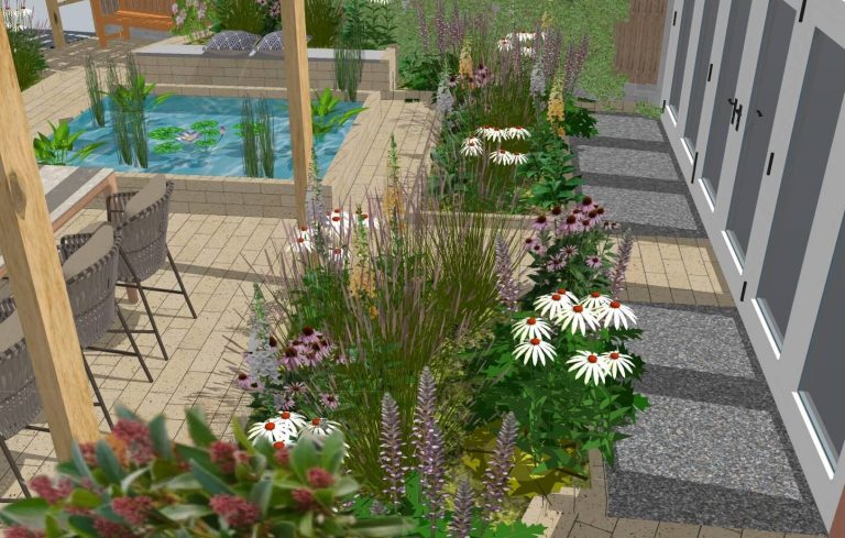 Moderne tuin met bloeiende planten, zithoek en een vijver.
