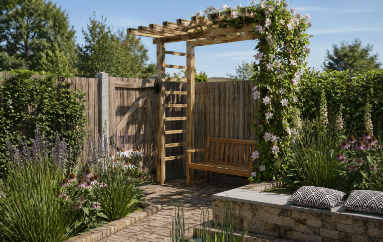 Bankje met pergola bij de tuinpoort. Houten bankje met pergola, omringd door bloemen in een tuin.