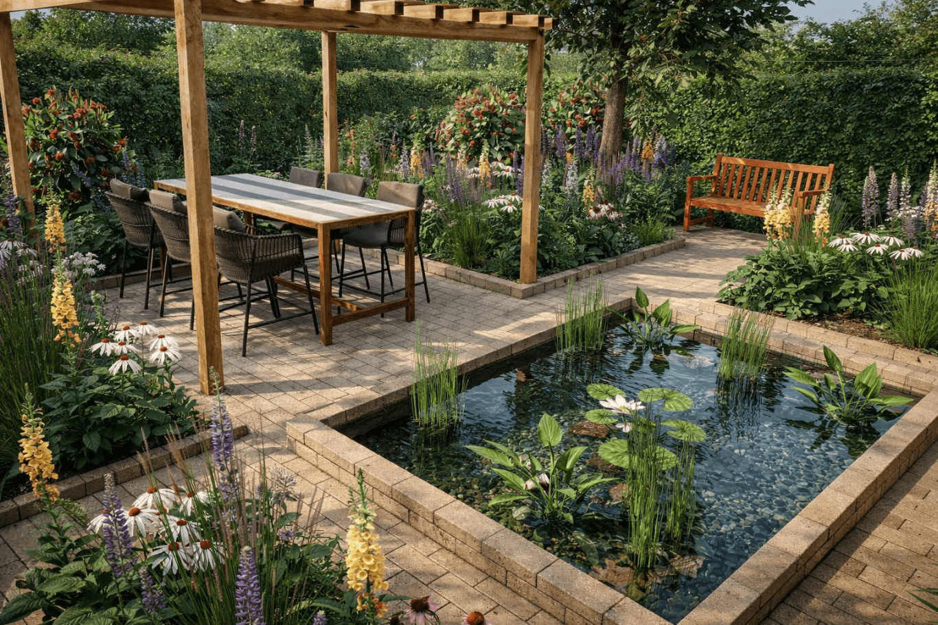 Tuin met een vijver, eetgedeelte onder een houten pergola en bloemrijke planten.