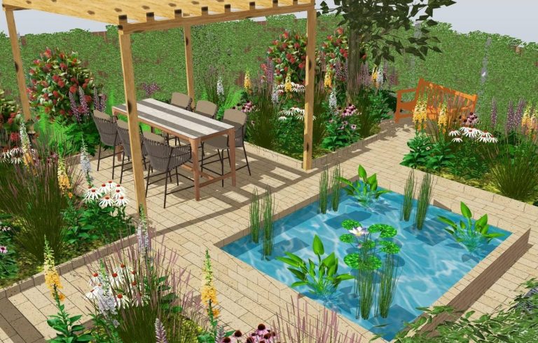 Moderne tuin met eetset onder pergola, bloemen, een vijver en schaduwrijke plekken onder bomen.