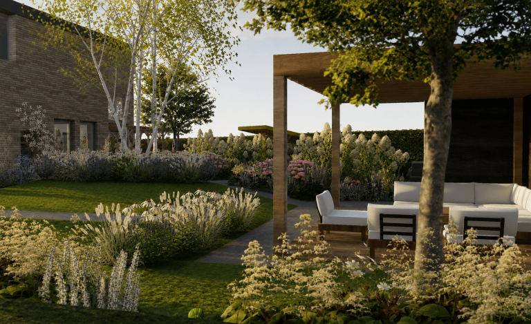 Moderne tuin met zithoek, groene planten en bloeiende struiken in zacht licht.