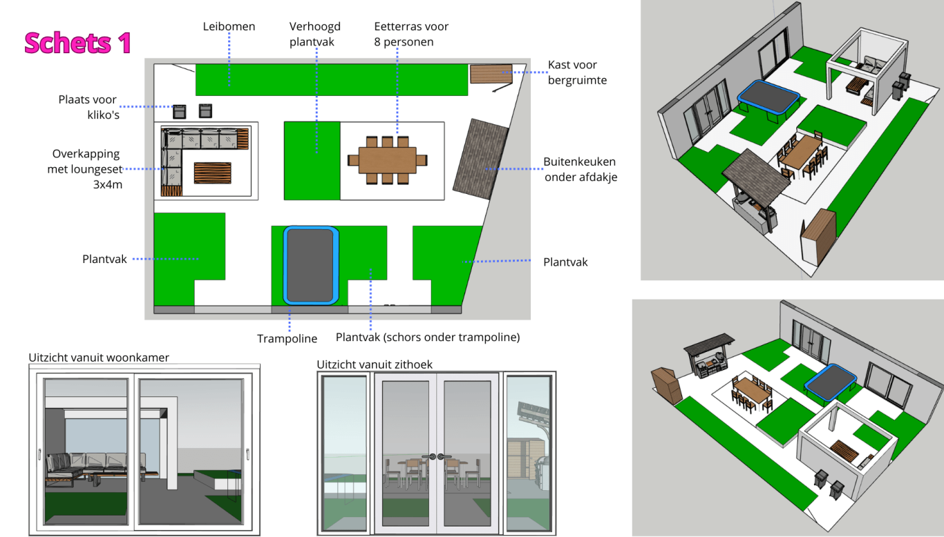 Schetsontwerp Plattegrond met indelingen van een tuin, inclusief tuinmeubilair.
