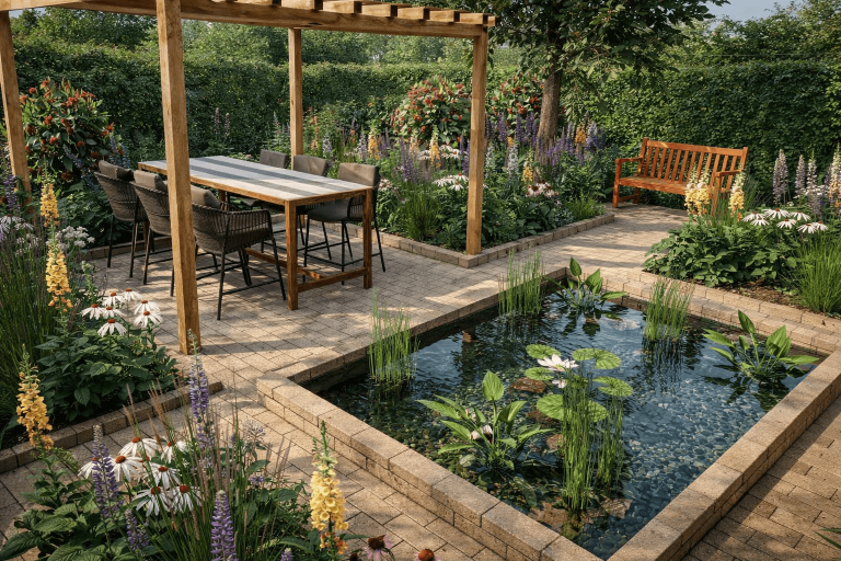 Tuin met eetgedeelte, houten bank en een vijver omringd door bloemen en planten.