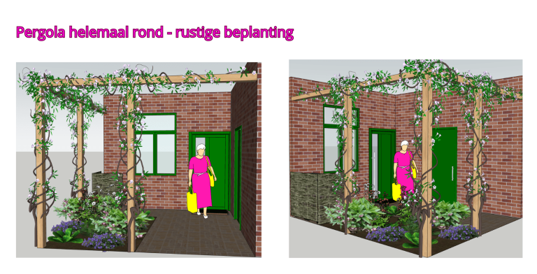 Kleine voortuin met pergola. Een vrouw in een roze jurk met een tas, dicht bij een groene deur onder een pergola.