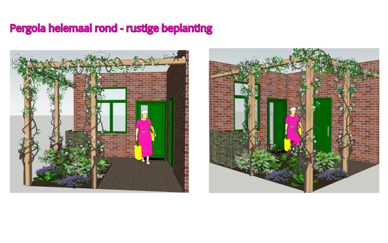 Voortuin met pergola Twee afbeeldingen van een pergola met klimplanten en een vrouw met een tas.