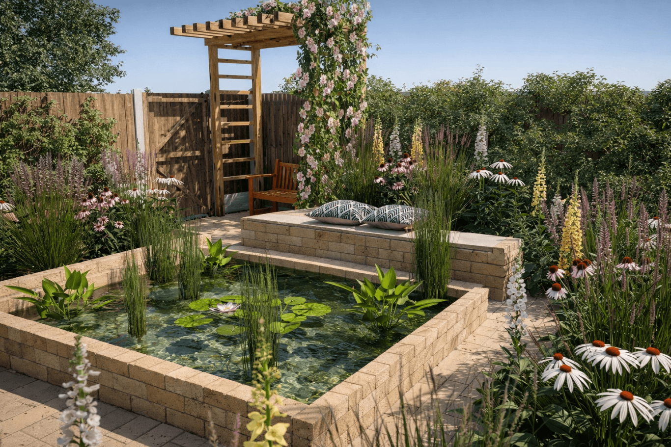 Tuin met vijver, bloemenbedden en een houten pergola in een zonnige omgeving.