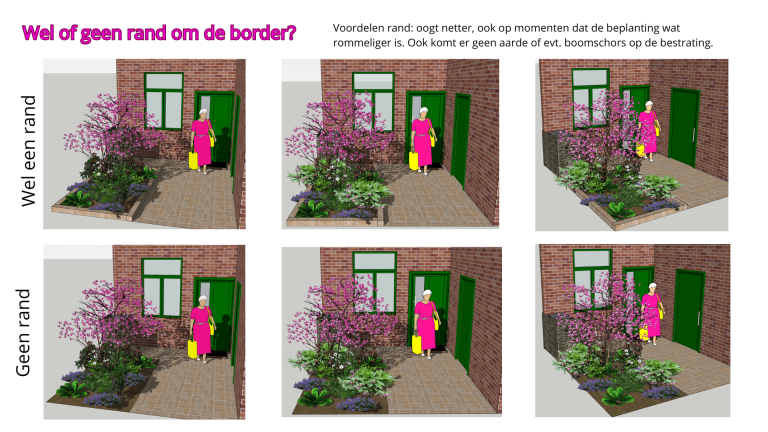 Illustratie rand om voortuin. Een vrouw in roze staat voor een deur met bloemen en een groene achtertuin.