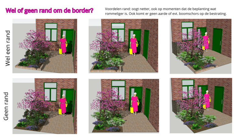 Mogelijkheden tuin vergeleken Tuin met bloeiende bloemen, een deur en iemand in een fuchsia outfit.