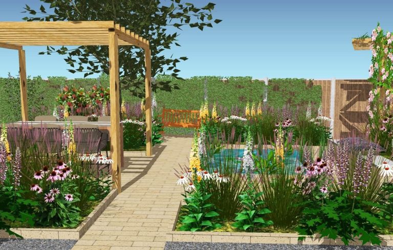 Moderne tuin met eetset, bloemen, en schaduwrijke plekken onder bomen.