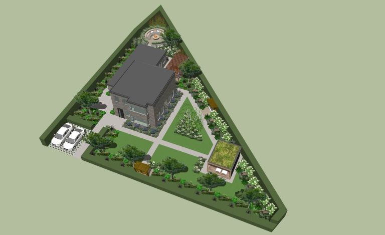 Een driehoekig tuinontwerp in 3D met een woning, borders en paden.