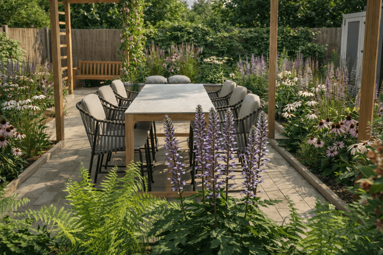 Eetterras midden in de tuin Tuin met een houten eettafel, stoelen en kleurrijke bloemen eromheen.