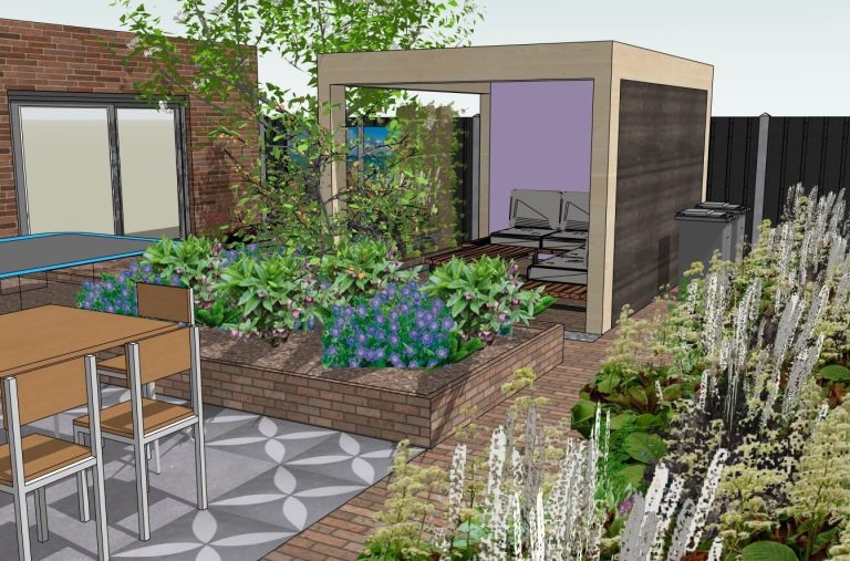 Tuin met verhoogde border Moderne tuin met bloeiende planten, zithoek en overkapping. Tegels en eettafel aanwezig.