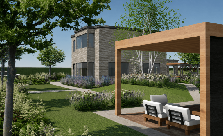 Moderne tuin met zithoek en uitzicht op een stenen gebouw omgeven door groen.