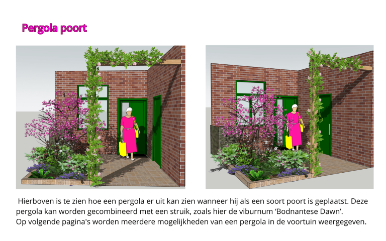 Twee aanzichten van voortuin met pergola Tuinontwerp met ingang en planten rondom, ter verduidelijking van een project.