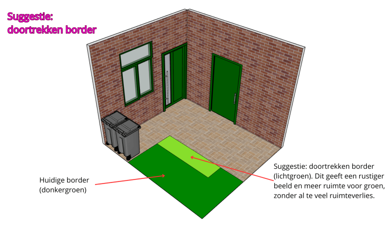 Voortuin getekend in 3D Plattegrond van een voortuin met een groene deur en venster, plus twee vuilnisbakken.