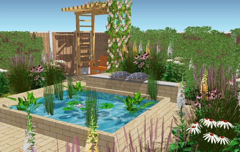 Moderne tuin met bankje onder rozenboog, bloemen, en een vijver.