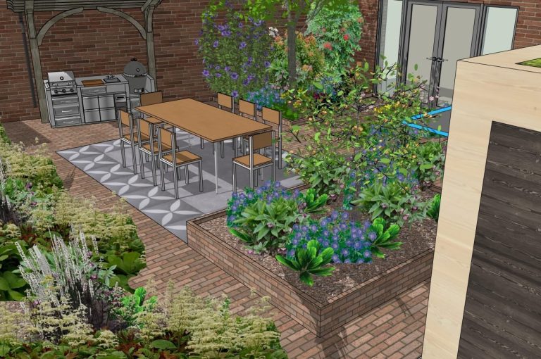 Tuin met eettafel en buitenkeuken Tuin met eetset, plantenbedden en sierlijke bloemen rond een betegeld pad.